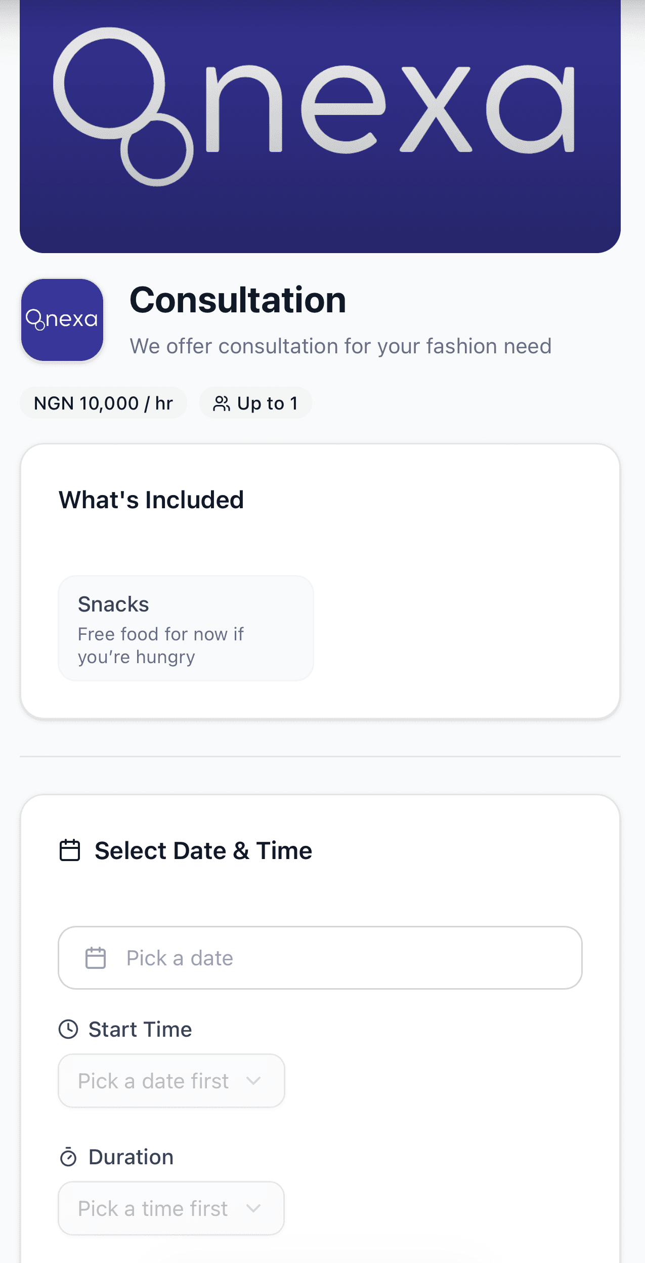 Nexa services page showing active services like haircut, life coach and full body massage