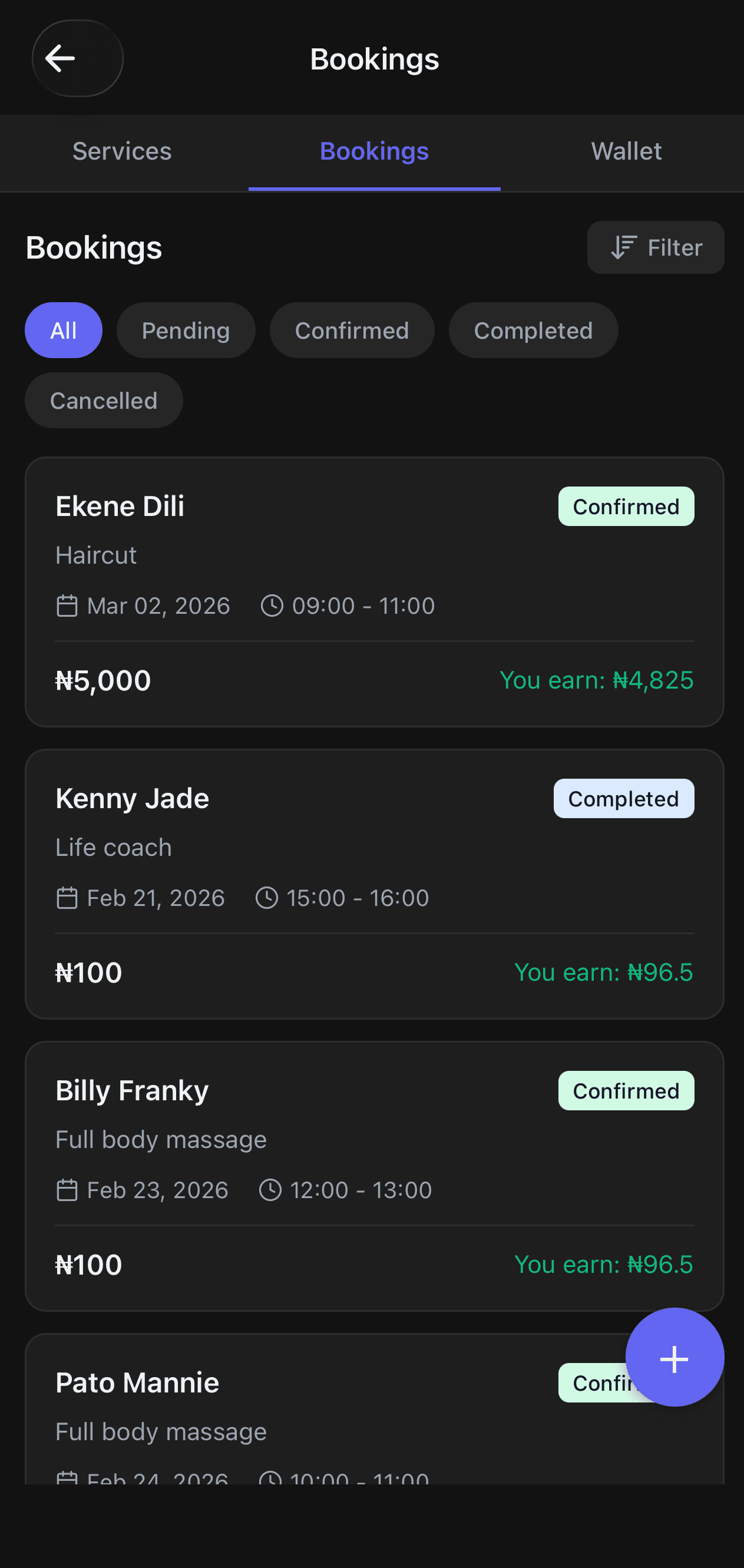 Nexa bookings page showing confirmed and completed appointments with client names, services and earnings