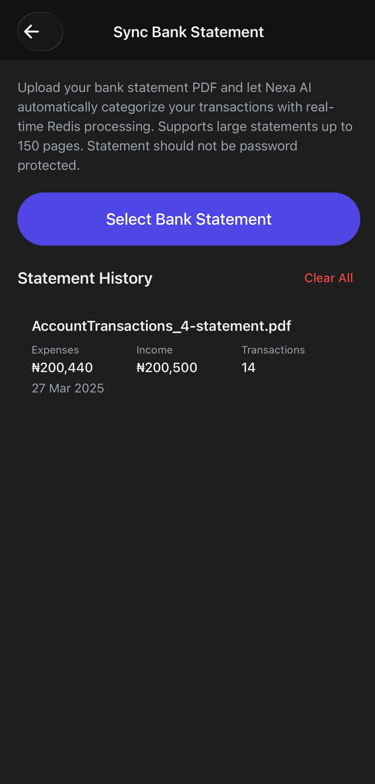 Nexa bank statement sync screen