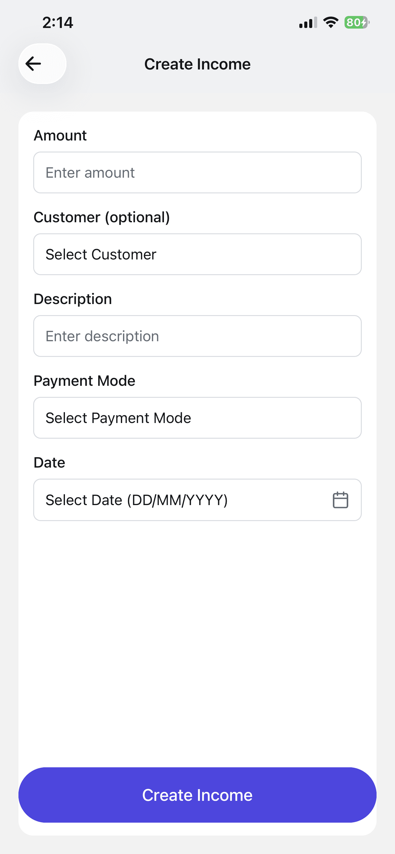 Nexa create income form