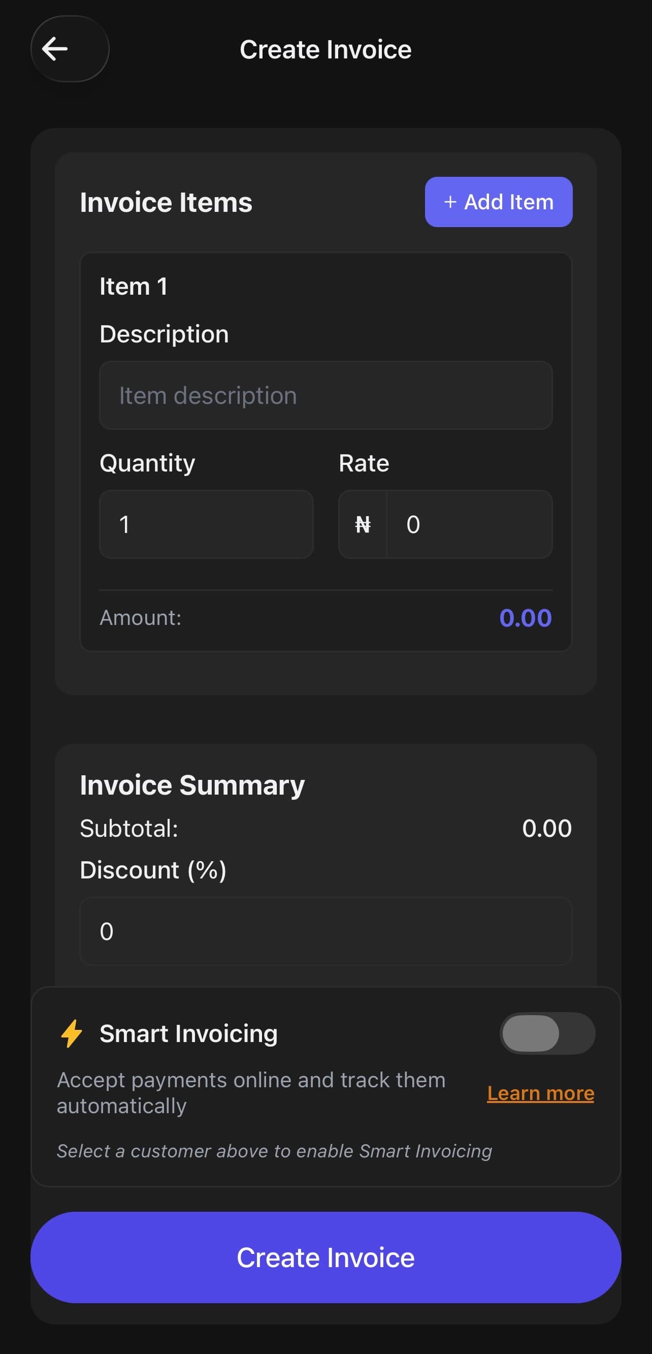 Nexa create invoice page showing invoice items, quantity, rate with currency prefix, and Smart Invoicing toggle