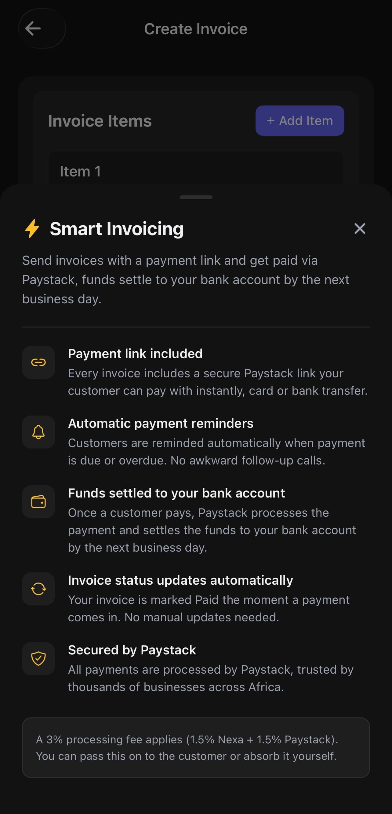 Nexa Smart Invoicing learn more modal showing payment link, automatic reminders, fund settlement, and Paystack security details