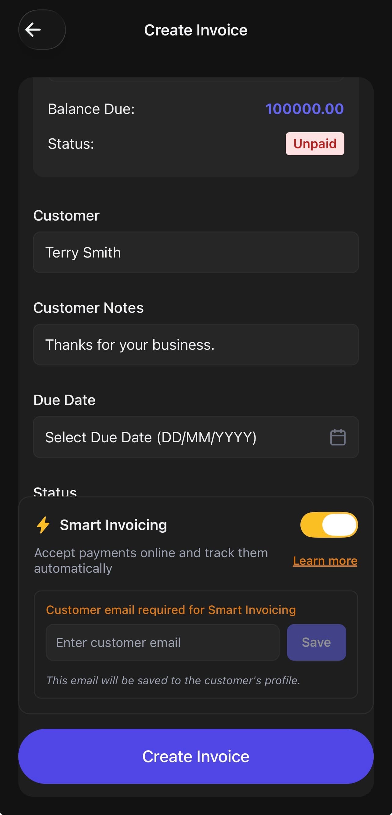Nexa Smart Invoicing inline email field prompting user to enter customer email when none is on file