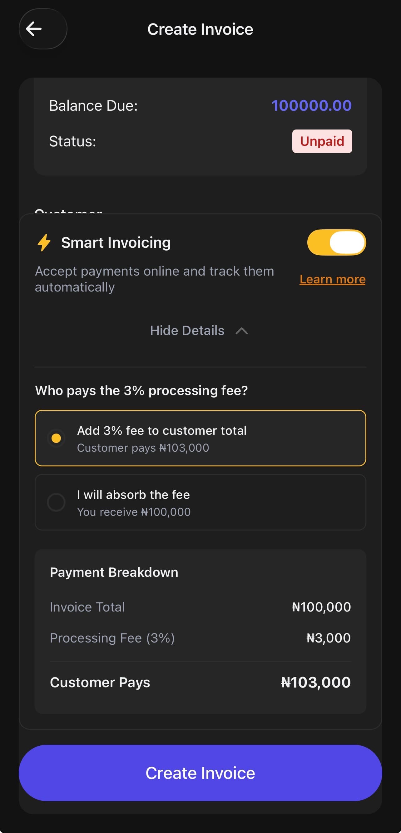 Nexa Smart Invoicing toggled on showing fee structure options and Hide Details button