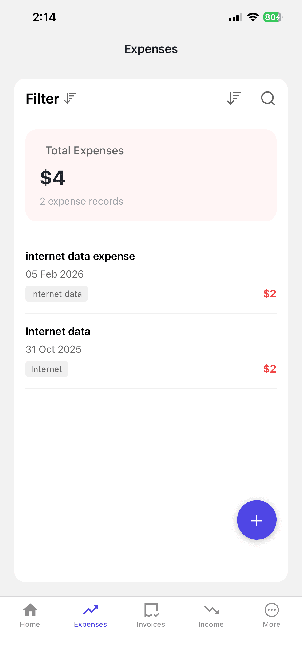 Nexa expense tracking page