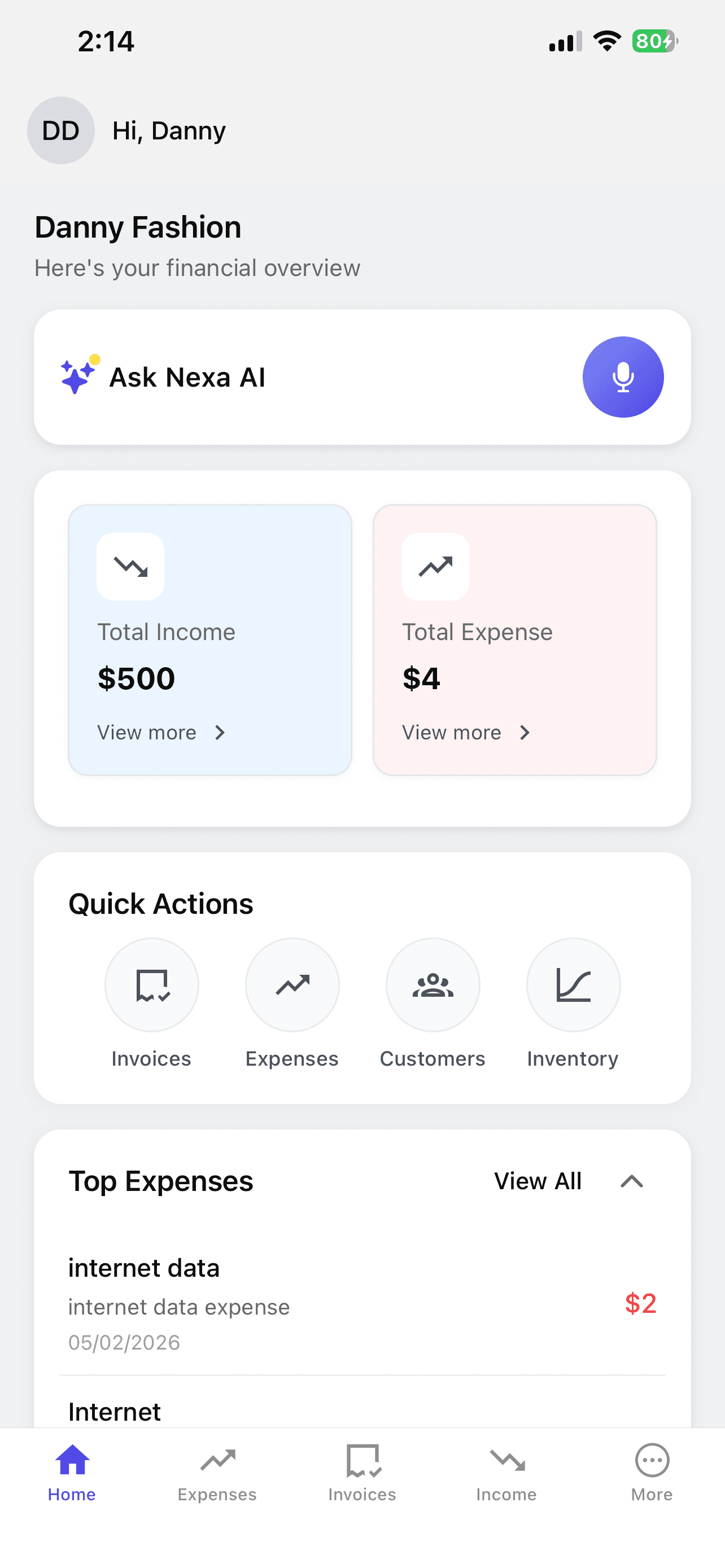 Nexa dashboard showing income and expense overview