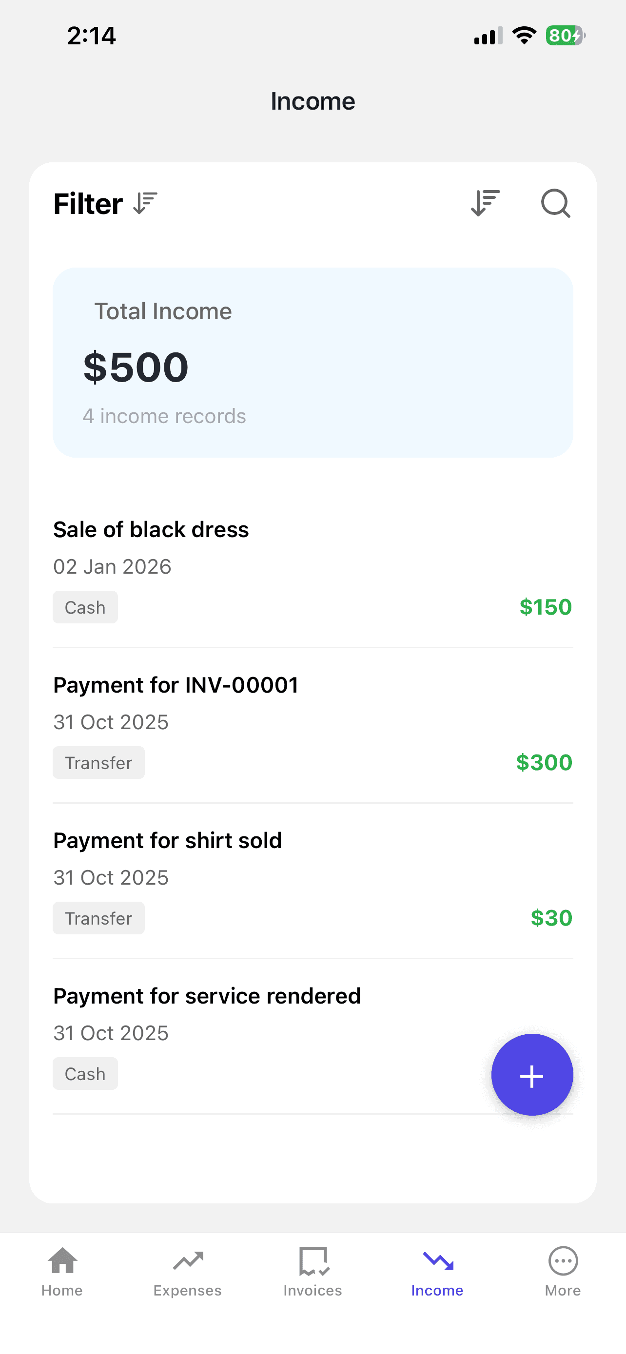 Nexa income tracking page showing recorded transactions