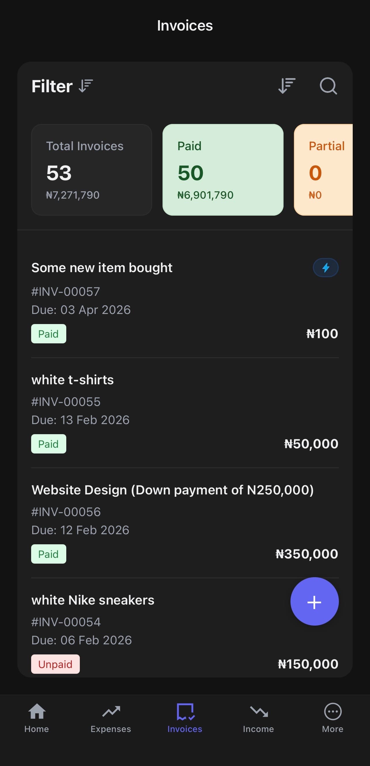 Nexa invoices list showing total invoices, paid count, and individual invoice cards with status