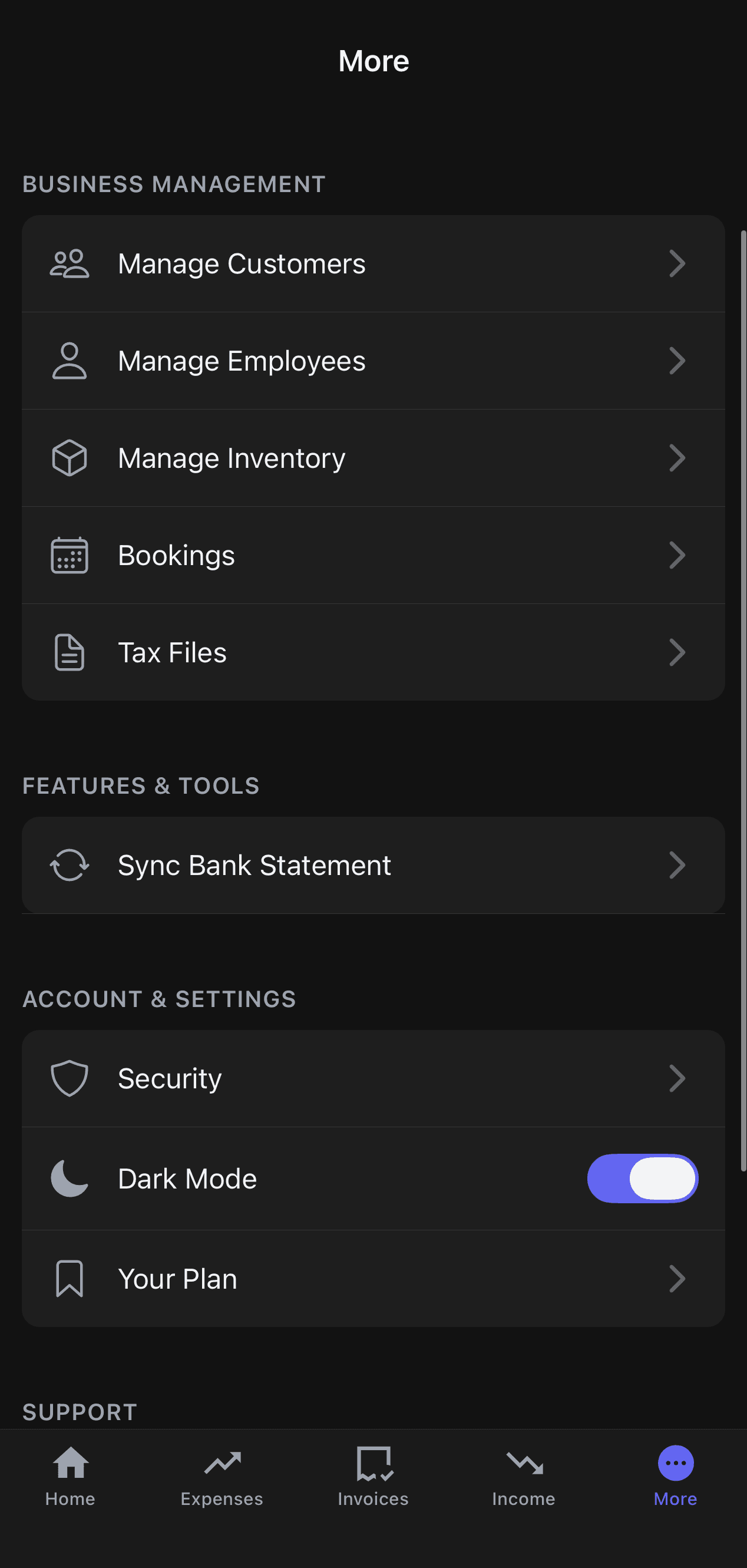 Nexa More tab showing Sync Bank Statement option