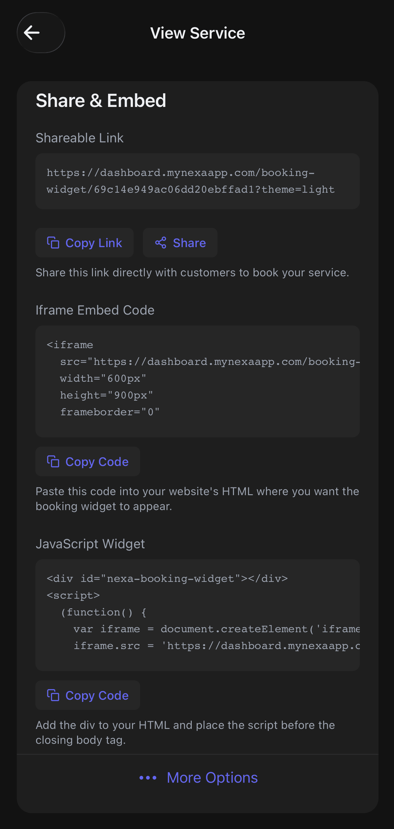 Nexa services page showing active services like haircut, life coach and full body massage