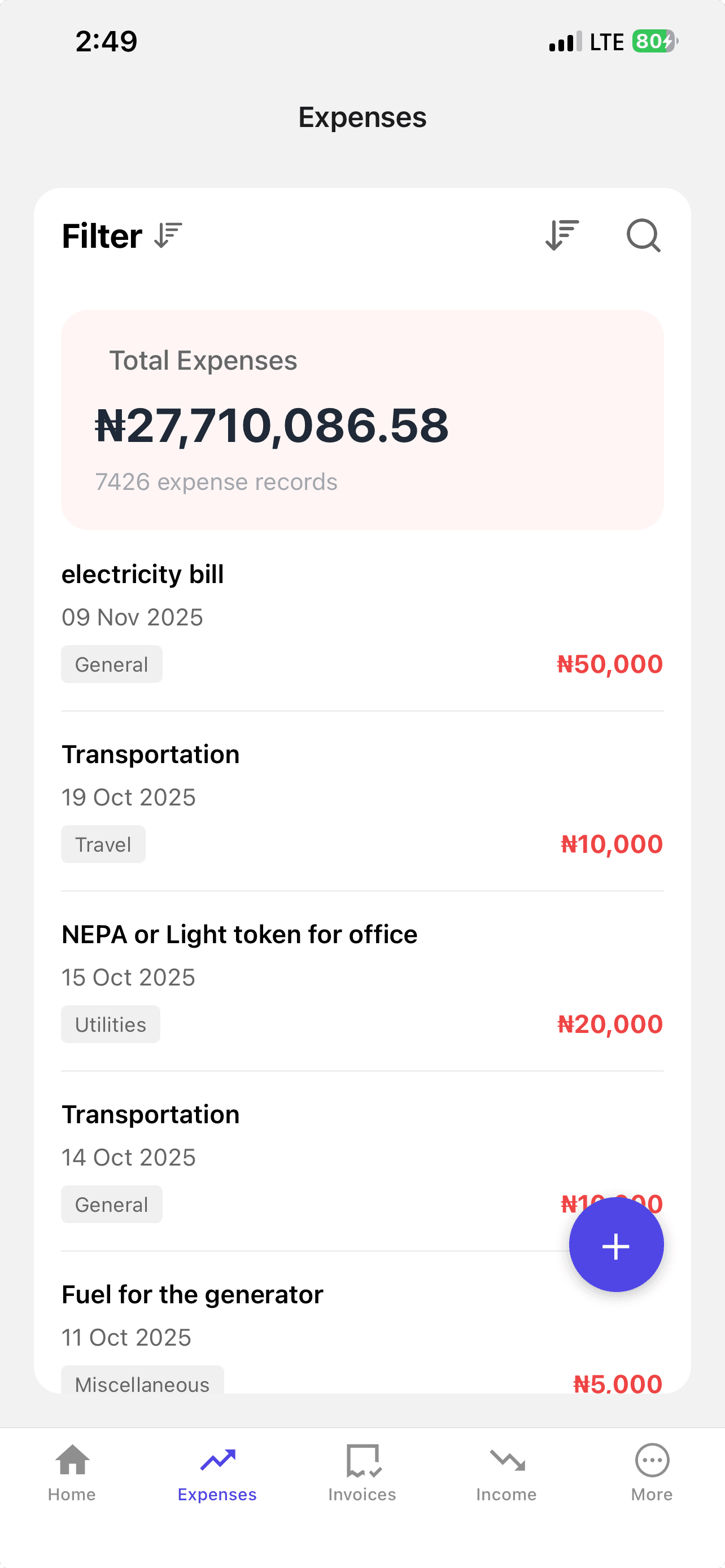 Nexa expense tracking showing categorised business expenses