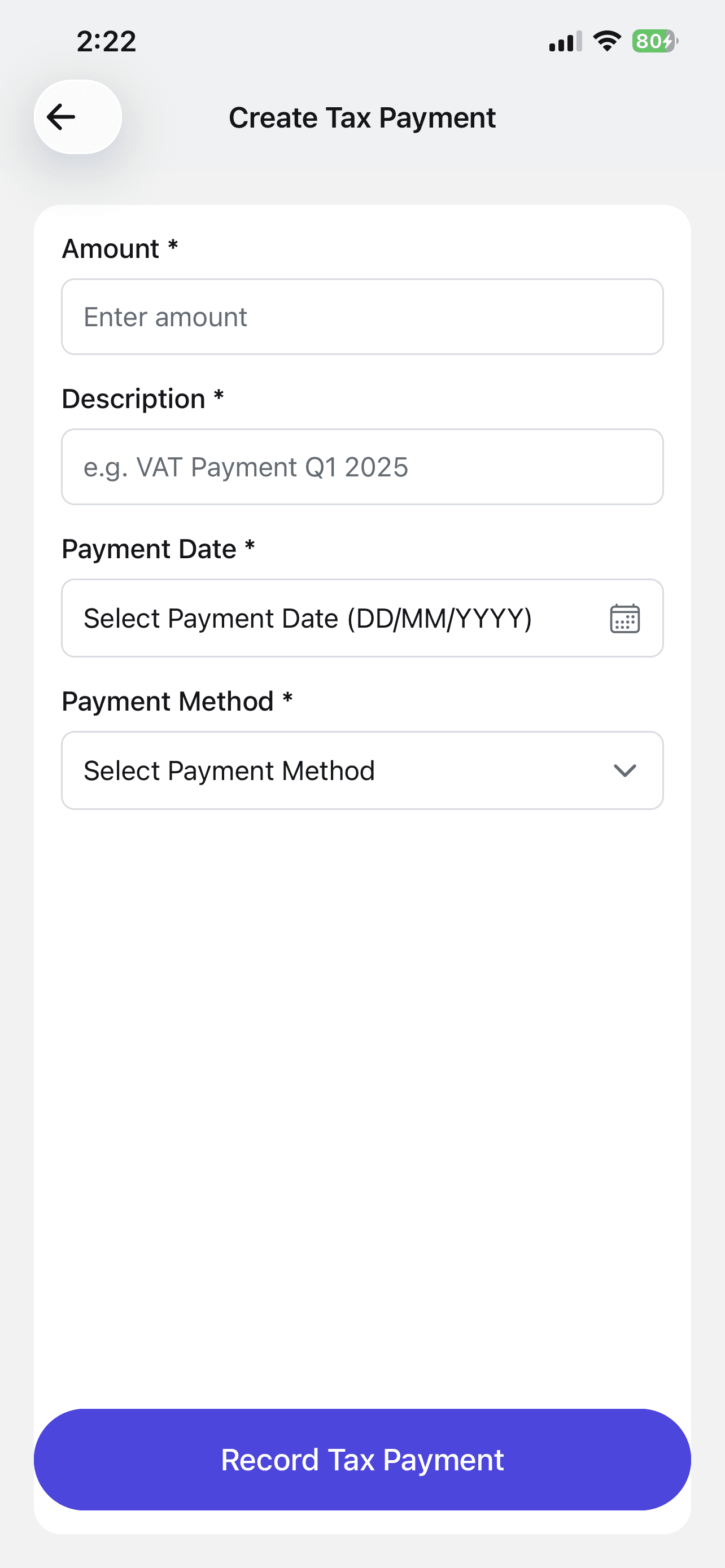 Nexa create tax payment form