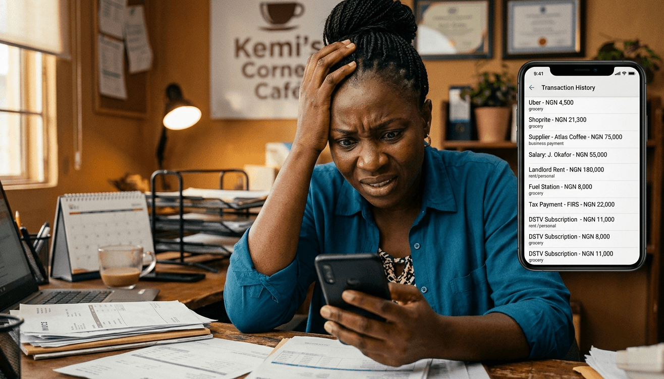 Overwhelmed business owner with mixed personal and business transactions
